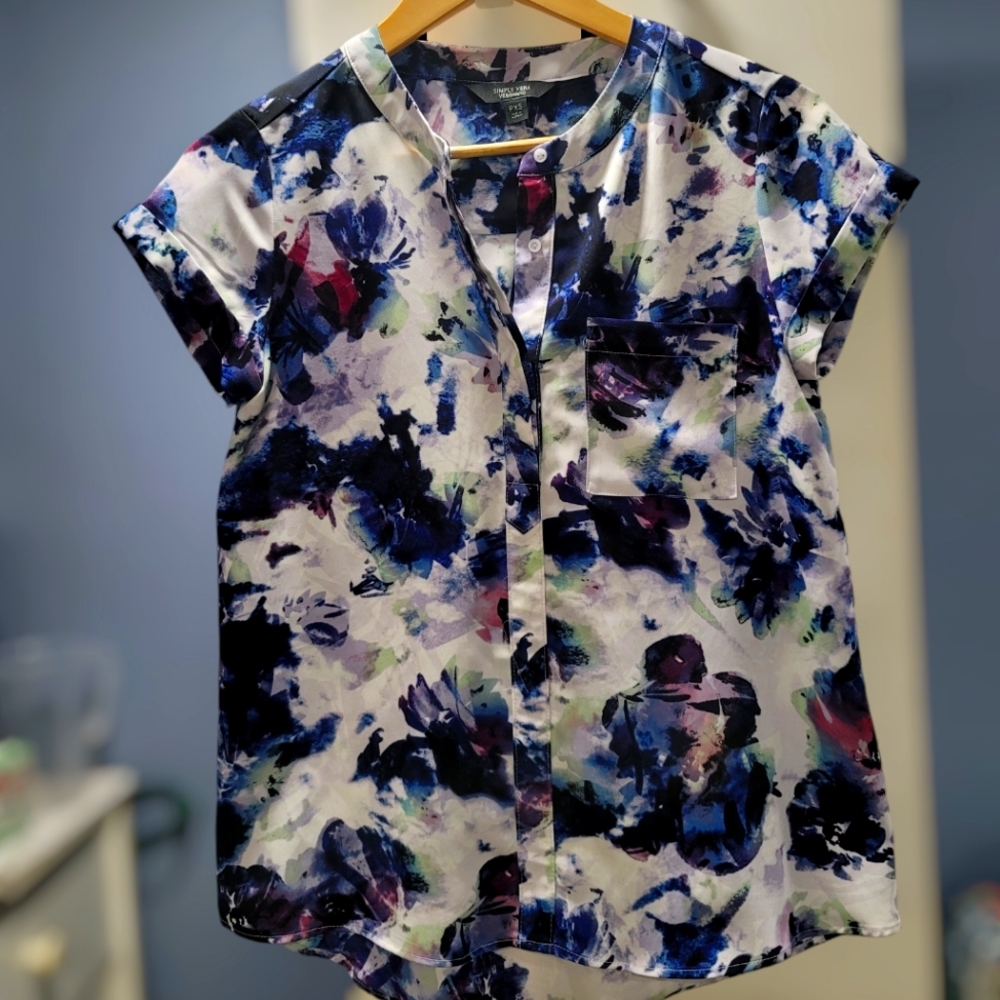 Simply Vera Vera Wang Blue and Purple Floral Flutter Sleeve Blouse